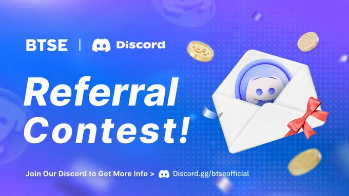 Promotional graphic for the "BTSE | Discord Referral Contest" featuring a 3D envelope with the Discord mascot and floating gold coins on a blue background, directing viewers to join the contest at Discord.gg/btseofficial and compete for a share of 100 USDT in rewards.