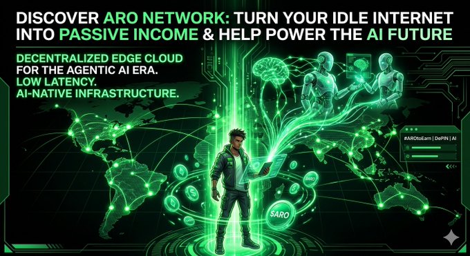 A futuristic green-themed graphic for ARO Network featuring a person holding a laptop amid a glowing world map and AI/robotics visuals, with the headline "DISCOVER ARO NETWORK: TURN YOUR IDLE INTERNET INTO PASSIVE INCOME & HELP POWER THE AI FUTURE" and taglines about decentralized edge cloud infrastructure. The image visually reinforces the post's message by depicting the global, decentralized, and AI-driven nature of ARO Network's #AROtoEarn ecosystem.