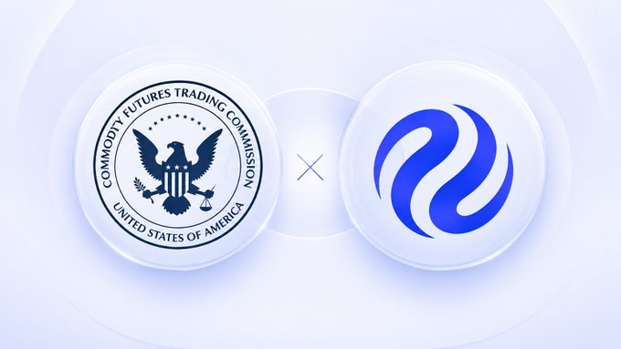 A graphic showing two glowing spheres, one featuring the Commodity Futures Trading Commission seal and the other displaying the blue logo of 'The Commodity Futures Trading Commission,' connected by an 'x'.