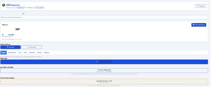 A screenshot of the XRPresso.io website interface displaying details for the XRP token balance and cross-chain swap options.