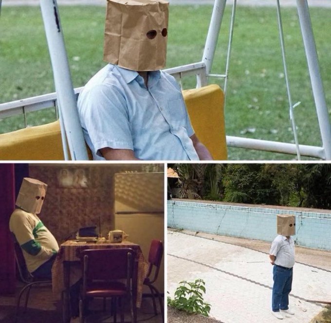 A collage of a man wearing a brown paper bag over his head with eye holes in three different settings: sitting on a swing set, sitting alone at a kitchen table, and standing by an empty swimming pool—images that have become a popular meme symbolizing patient, solitary waiting. The post humorously ties into this "bag man waiting" meme, using it to express the poster's disciplined stance of waiting on the sidelines for $ZCAT to reclaim 100M market cap before buying, while remaining cautious about $ZEC's price action.