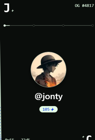 A dark-themed profile page displays the username '@jonty' with a 105 follower count and an anime-style avatar of a character in a wide-brimmed hat.
