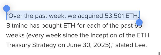 A highlighted text excerpt reads: 'Over the past week, we acquired 53,501 ETH. Bitmine has bought ETH for each of the past 63 weeks (every week since the inception of the ETH Treasury Strategy on June 30, 2025),' stated Lee.