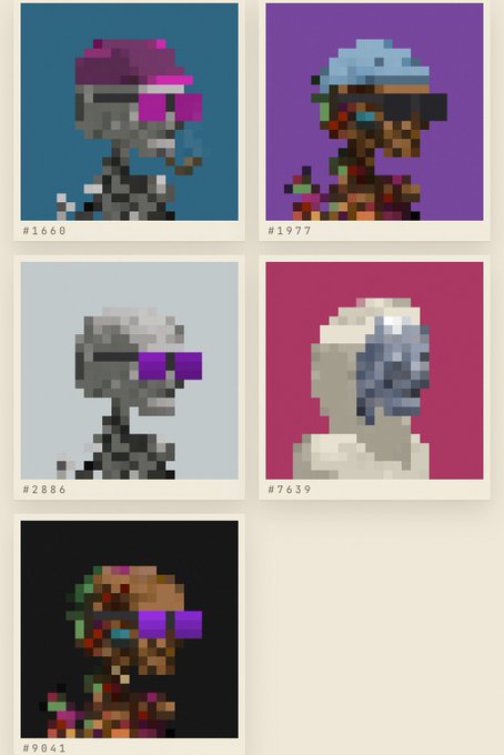A grid of five pixel-art portraits, each labeled with a "#" number and unique ID (#1668, #1977, #2886, #7639, #9041), representing MUSE NFT collectibles being celebrated for selling out, with the post congratulating @lphaCentauriKid on the successful Argonauts drop.