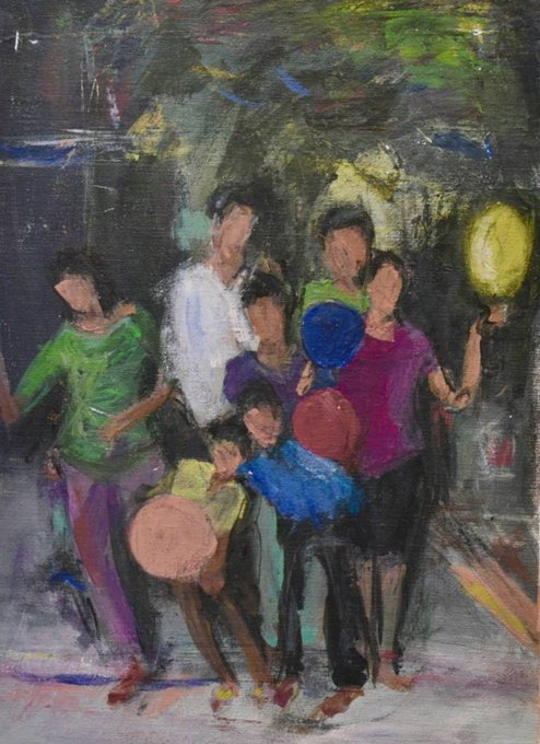 A loose, expressionistic oil painting depicting a group of figures—possibly a family—gathered at dusk, with glowing lantern-like orbs of yellow, blue, and red held by some of the figures, evoking the "fading lanterns" referenced in the caption. The dim, atmospheric background and soft brushwork reinforce the gentle, ephemeral mood of this physical artwork priced at 15 XTZ.