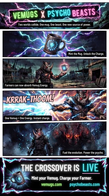 A comic-style crossover advertisement for 'VEMUGS X PSYCHO BEASTS' showing 'KRRAK-THOOM!' panels and directing viewers to vemugs.com and psychobeasts.com.