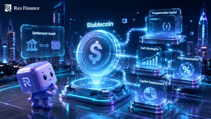 A futuristic digital illustration branded 'Rax Finance' depicting a purple mascot character beside a glowing central 'Stablecoin' hub connected to holographic modules labeled 'Settlement Asset', 'Programmable Capital', 'DeFi Strategies', 'Yield Generation', and 'Capital Deployment'.