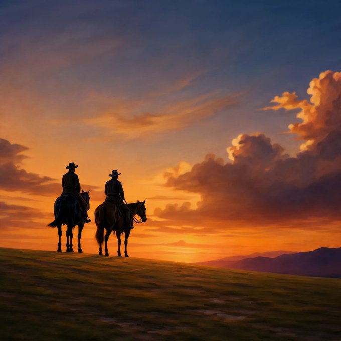 A silhouetted image of two cowboys on horseback watching a dramatic orange and purple sunset over rolling green hills.