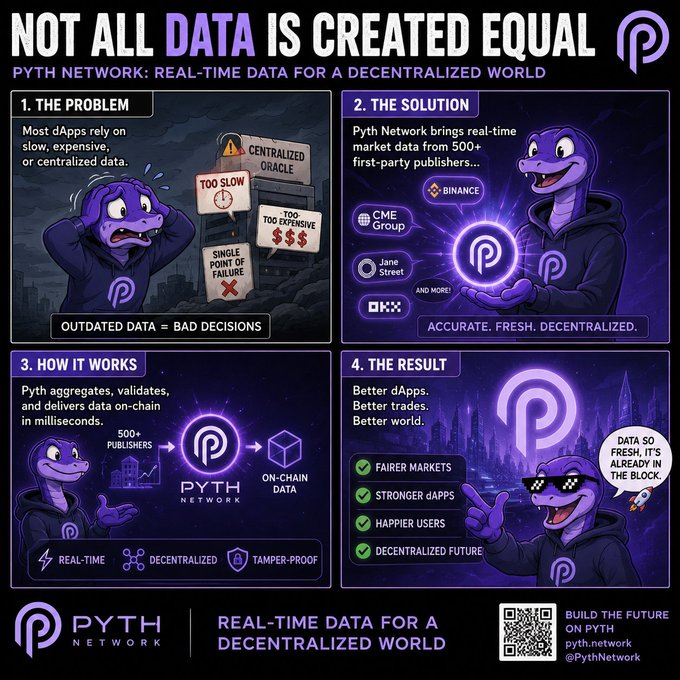 The image features a cartoon depiction of a character wearing a hoodie with a snake on their back, holding a purple crystal ball that appears to be filled with data. The text at the bottom of the image reads "Not all data is created equal". This message emphasizes the importance of real-time data and its impact on decision making in various fields such as finance, marketing, and technology.