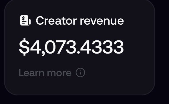 A screenshot displays "Creator revenue" of $4,073.4333 on a dark dashboard card with a "Learn more" link, visually supporting the post's claim of earning $4K in creator revenue over 48 hours.