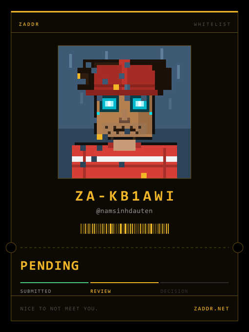 A digital ID card for 'ZADDR' featuring a pixel art character wearing a red hat and glasses, labeled 'ZA-KB1AWI' with a 'PENDING' review status.