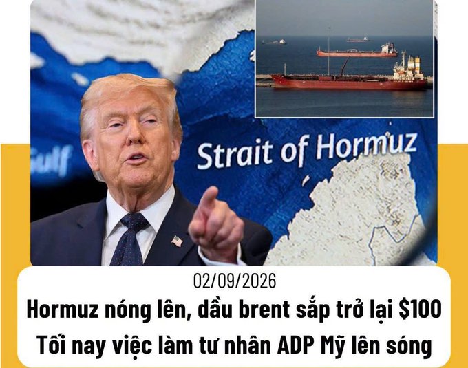 A news thumbnail dated 02/09/2026 featuring Donald Trump, the text 'Strait of Hormuz', images of oil tankers, and Vietnamese text about Brent crude oil and US ADP jobs.