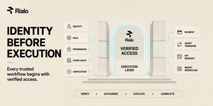 A marketing graphic for "Rialo" displays the headline "IDENTITY BEFORE EXECUTION" and "VERIFIED ACCESS EXECUTION LAYER," surrounded by icons for identity, role, permissions, compliance, verification, payment, asset transfer, API request, and smart workflow, with the steps "VERIFY • AUTHORIZE • EXECUTE • COMPLETE" at the bottom.