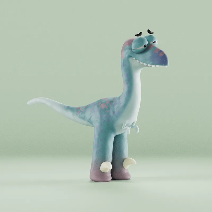 A 3D-rendered cute blue and purple dinosaur figurine with a tired expression standing against a light green background.