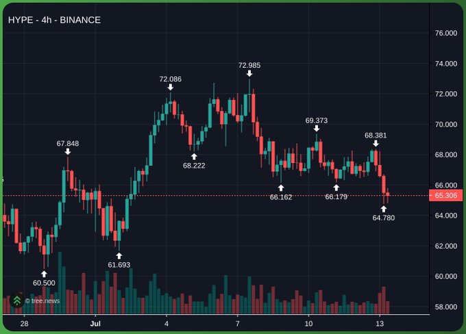 A candlestick chart of HYPE on Binance over a 4-hour period, showing price action between approximately 60.500 and 72.985, with a current price line at 65.306.