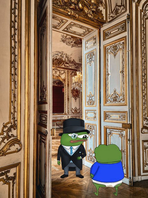 Two Pepe the Frog cartoon characters, one dressed in a formal suit with top hat and the other in a blue shirt and diaper, stand in the doorway of an ornate palace room with gilded decorations.