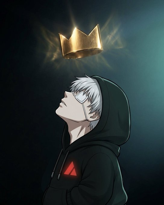 A digital anime-style illustration of a white-haired character wearing glasses and a black hoodie with a red triangular logo, looking up at a glowing golden crown floating above them.