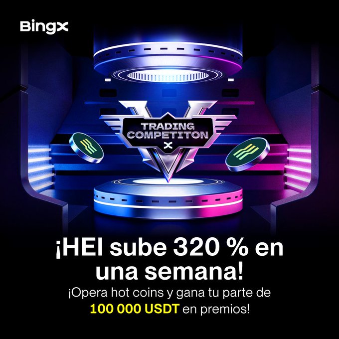 The image is a promotional graphic from BingX advertising a "Trading Competition" with a futuristic metallic trophy/medal design featuring glowing blue and purple lighting, with Spanish text promoting HEI trading with up to 320% APR in one week and a chance to win a share of 100,000 USDT in prizes by trading hot coins like HEI, BTC, ETH, and HYPE.