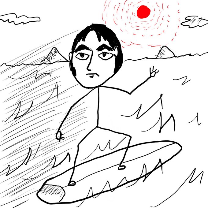 A simple, childlike line drawing of a person surfing on a wave, with a bright red sun in the sky above them.