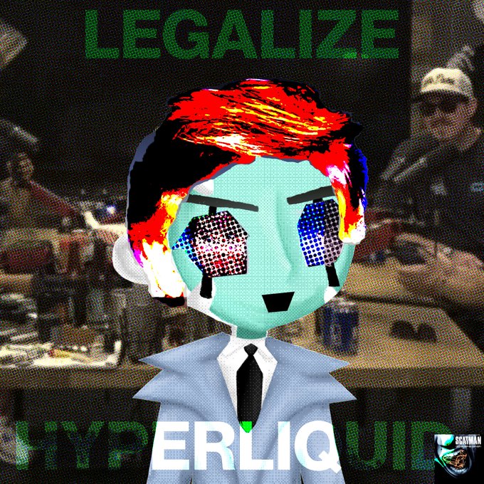 A glitchy, distorted cartoon figure with sunglasses and a suit stands before a poker table scene, with green text reading "LEGALIZE" at the top and "HYPERLIQUID" at the bottom, echoing the post's celebration of Hyperliquid's legitimization in the crypto space.