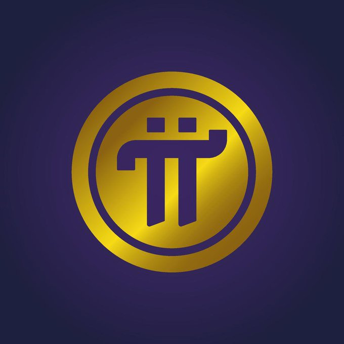 A digital rendering of a golden coin with a stylized purple symbol in the center, set against a dark purple background, resembling a Pi Network cryptocurrency token.