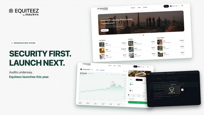 A promotional graphic for EQUITEEZ by MAVRYK highlights its "Remediation Phase" with the tagline "Security First. Launch Next. Audits underway. Equiteez launches this year." The image features screenshots of the Equiteez platform displaying real estate investment options and a portfolio chart showing $110,000 in total balance, alongside a code snippet confirming "Audited by CERTIK," reinforcing the post's emphasis on prioritizing security ahead of launch.