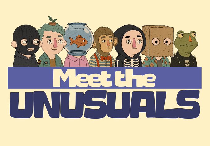 Meet the UNUSUALS, a hand-drawn NFT project by @Mrym_nft, featuring a collection of quirky characters like a goldfish-headed person and a frog with a spiked collar.