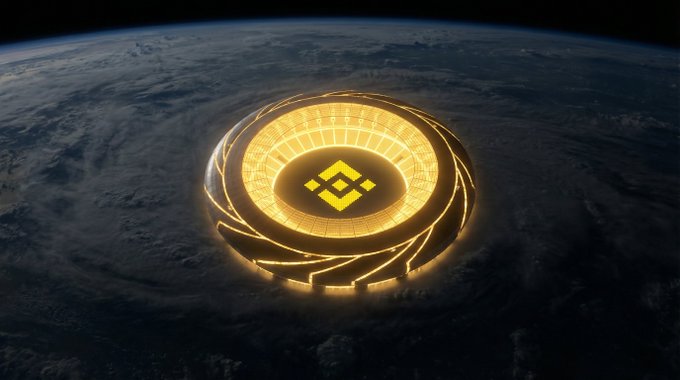 A glowing golden Binance logo emblem hovers above Earth from space against a dark background.