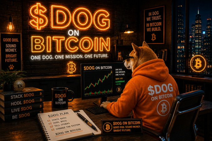A Shiba Inu dog in an orange '$DOG ON BITCOIN' hoodie sits at a desk looking at a trading chart, surrounded by neon signs reading '$DOG ON BITCOIN', 'ONE DOG. ONE MISSION. ONE FUTURE.', and 'IN DOG WE TRUST. IN BITCOIN WE BUILD.'