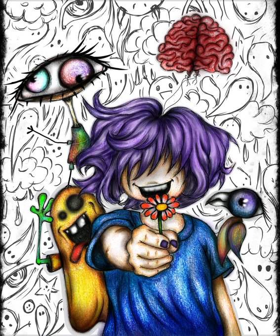 A surreal drawing of a purple-haired figure in a blue shirt smiling while holding a red flower, surrounded by floating eyes, a brain, and ghost-like doodles.