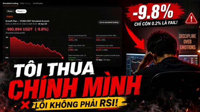 A Vietnamese trading tutorial thumbnail showing a simulated trading account down -9.8% with text 'TÔI THUA CHÍNH MÌNH' (I lost to myself) and 'LỖI KHÔNG PHẢI RSI' (The fault is not RSI).