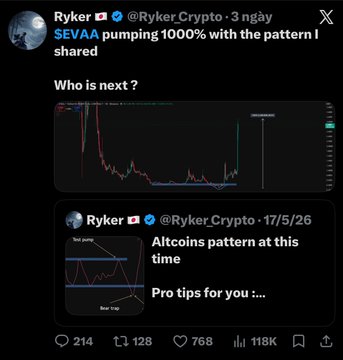 1. The provided image depicts a tweet from Ryker Crypto featuring a cryptocurrency market analysis chart with a warning label and a YouTube channel name, "IntelliCuckoo."

2. Another tweet from Ryker Crypto from March 5, 2026, references Alton Nim's pattern at the time and thanks followers, showing the same warning label and a link to the YouTube channel at the bottom.