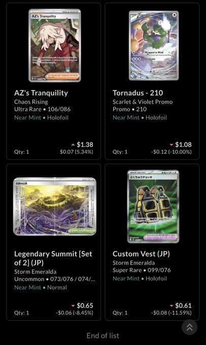A mobile screen displaying a list of four Pokémon trading cards for sale, including 'AZ's Tranquility', 'Tornadus - 210', 'Legendary Summit', and 'Custom Vest (JP)', each showing prices, quantities, and discount percentages.