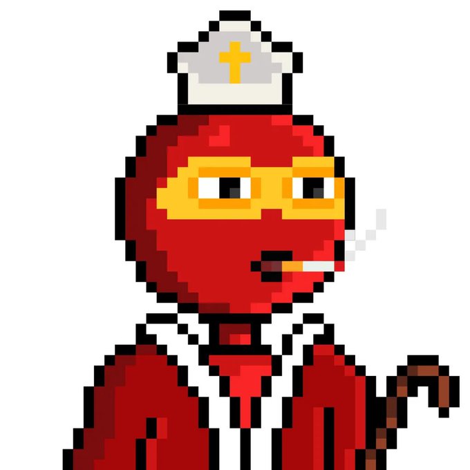 A pixel art character resembling a red-robed religious figure, wearing a white mitre with a yellow cross, yellow-tinted glasses, and smoking a cigarette, holding a wooden cane.