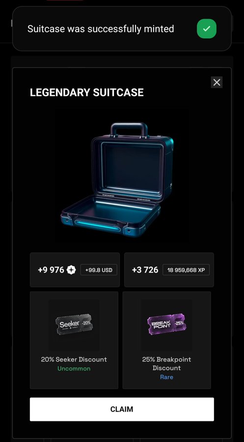 A dark-themed app screen shows a 'LEGENDARY SUITCASE' reward with a confirmation banner stating 'Suitcase was successfully minted,' listing rewards of +9,976 (+99.8 USD), +3,726 (18,959,668 XP), a '20% Seeker Discount' (Uncommon), and a '25% Breakpoint Discount' (Rare) above a CLAIM button.