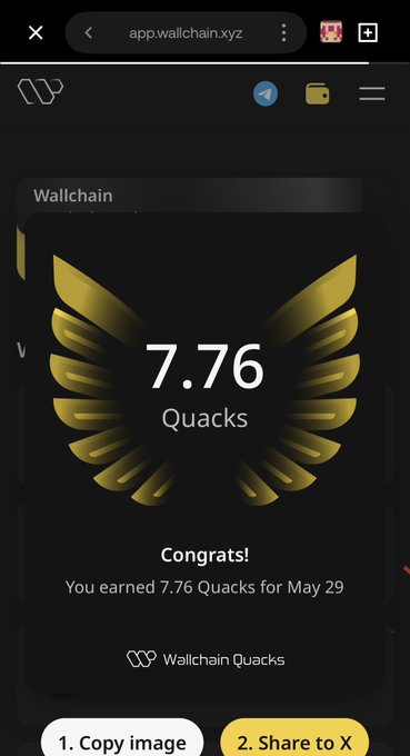 The image shows a phone screen displaying a gold-colored trophy with wings and the number "7.76 Quacks" written below it. The text above the trophy reads "gQuack CT Just before I call it a day, I can’t do without posting @wallchain I earned 7.76 quacks from posting yesterday. What I like about wallchain is how it rewards real participation in conversations. It's about consistently showing up and adding value." The phone screen also has an app icon on the left side of the image.