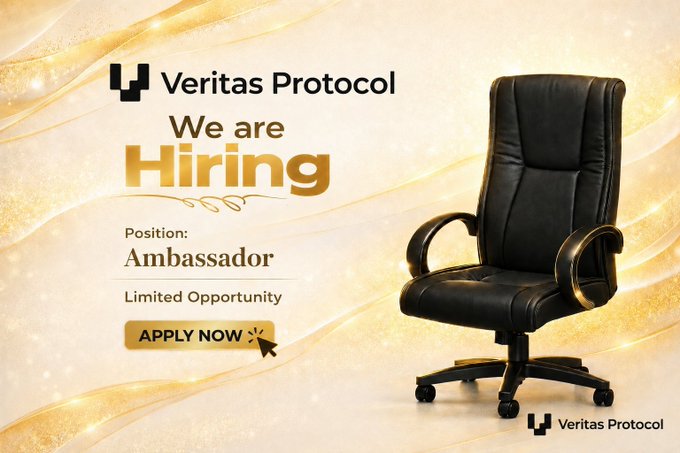 A Veritas Protocol recruitment advertisement reading 'We are Hiring' for an Ambassador position, featuring a black executive office chair and an 'APPLY NOW' button.