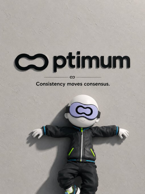A promotional graphic for "ptimum" (Optimum) cryptocurrency with the tagline "Consistency moves consensus," featuring a 3D character in a black tracksuit wearing VR goggles with an infinity symbol.