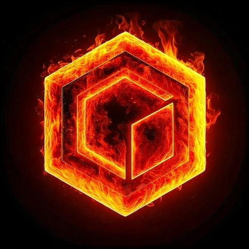 A fiery 3D cube logo with glowing orange and red flames against a black background.