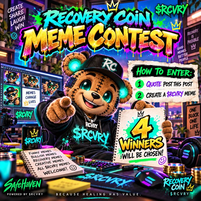 A colorful promotional graphic for the 'Recovery Coin Meme Contest' ($RCVRY) featuring a cartoon teddy bear with glowing blue eyes, with instructions to 'Quote Post this Post' and 'Create a $RCVRY meme' for a chance to be one of '4 Winners'.