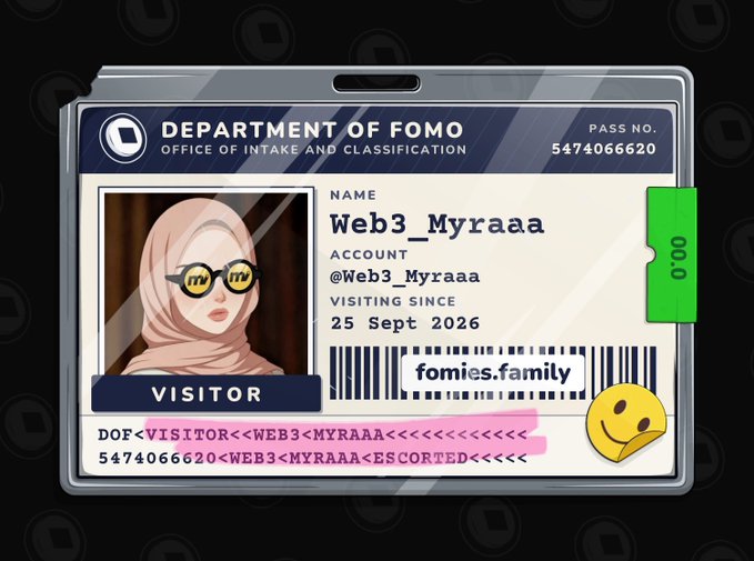 A digital ID badge from the 'Department of FOMO, Office of Intake and Classification' for 'Web3_Myraaa' featuring a cartoon avatar wearing sunglasses with 'mw' logos, marked as a visitor with pass number 5474066620.