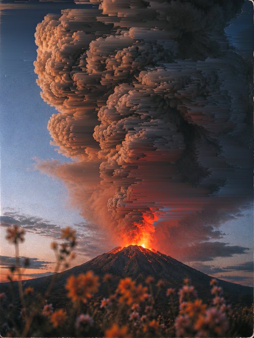 A dramatic photograph-style image of a volcano erupting, spewing a massive ash cloud high into the sky with glowing red lava at the summit, framed by flowers in the lower field.