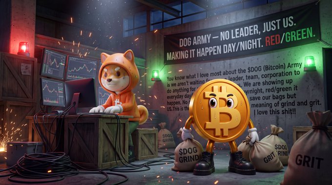 A digital illustration featuring a Shiba Inu dog character in an orange hoodie working at computer monitors alongside a large Bitcoin coin character, with banners reading 'DOG ARMY — NO LEADER, JUST US' and 'MAKING IT HAPPEN DAY/NIGHT. RED/GREEN.' plus bags labeled '$DOG GRIND' and 'GRIT.'