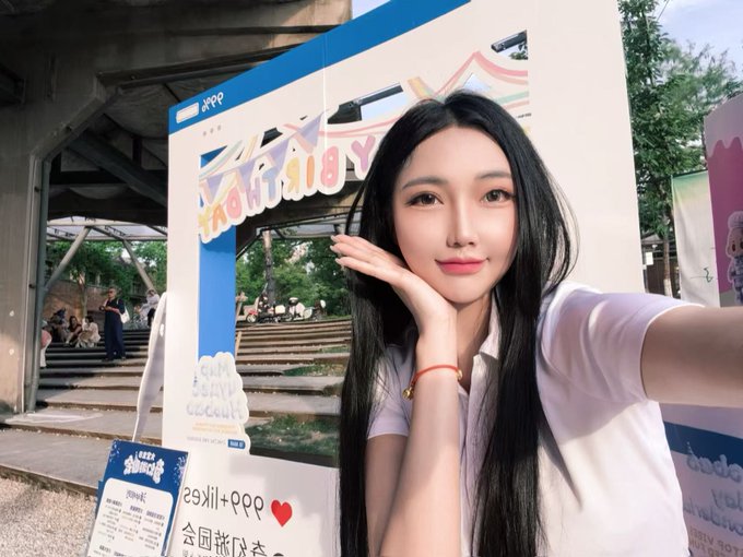 Photo of a young woman posing next to an OPPO promotional stand for a 'The Ruby' event, featuring text in Chinese and an image of a coconut drink.