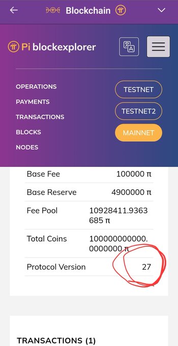 A screenshot of the Pi blockchain explorer mobile app displaying network statistics including a circled Protocol Version of 27 and various Testnet/Mainnet options.