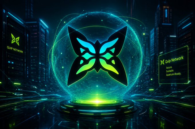 A futuristic glowing teal and green butterfly logo sits within a digital sphere, flanked by holographic displays reading "QUIP NETWORK" and "Quip Network — Secure, Scalable, Quantum-Ready" against a neon-lit cyberpunk cityscape. The image visually reinforces the post's message about Quip Network being a forward-looking project embedding quantum-resistant cryptographic architecture into its foundation rather than reacting to emerging threats.
