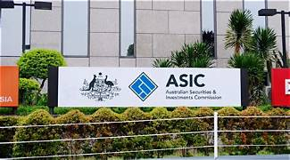 A sign for ASIC (Australian Securities & Investments Commission) is displayed outside an office building, featuring the agency's coat of arms and logo. The image relates to the post by illustrating the regulatory body that recently took action against thousands of online scams, including fraudulent cryptocurrency platforms using celebrity deepfakes to deceive investors.