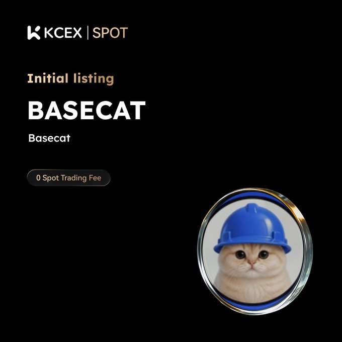 A promotional graphic for 'KCEX | SPOT' announces an 'Initial listing' of 'BASECAT' token with '0 Spot Trading Fee', featuring a cat wearing a blue construction helmet.