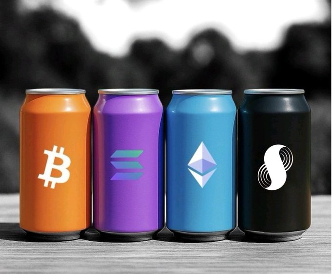 The image features four colorful soda cans, each with a different color scheme - orange, purple, blue, and black. They are lined up next to each other on a table or countertop, creating an interesting visual display. The colors of the cans contrast sharply against one another, making them stand out prominently in the scene. The image also includes text that reads "#Supra blockchain my favorite", which could be interpreted as a reference to the post about Bitcoin and Ethereum.