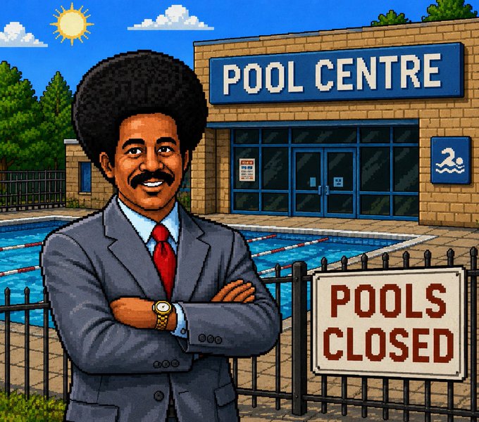 A pixel art style image of a man with an afro and mustache wearing a gray suit and red tie, standing in front of a 'POOL CENTRE' with a sign reading 'POOLS CLOSED.'